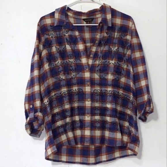 🐦 Multiples sz M Linen Blend Embroidered Plaid Button Down Shirt - Picture 1 of 7